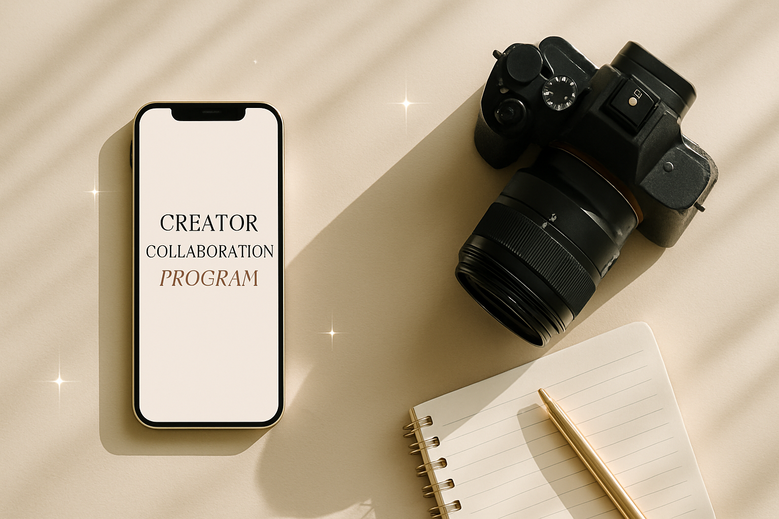 Minimal, luxury-inspired hero image for a creator collaboration program. Soft neutral background in beige or off-white with natural daylight shadows. Stylish flat-lay composition with a smartphone, a professional camera, and a notepad with a pen, suggesting content creation. Light sparkles and subtle gold accents for elegance. Clean, airy, Instagram-aesthetic, high-resolution, realistic photography style, --ar 16:9 --q 2 --v 6
