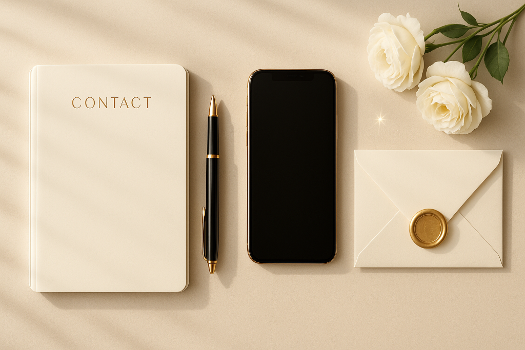 Minimalist, luxury-inspired hero image for a contact page. Soft neutral background in warm beige or off-white with gentle daylight shadows. A flat-lay composition featuring an elegant notepad and pen, a modern smartphone, a sleek envelope with a gold wax seal, and a small bouquet of white flowers. Light sparkles and subtle gold accents for sophistication. Clean, airy, high-resolution, realistic photography style. Instagram-worthy, premium cosmetic brand aesthetic, --ar 16:9 --q 2 --v 6